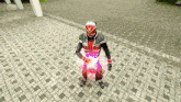a man in a red and black superhero costume stands on a brick sidewalk