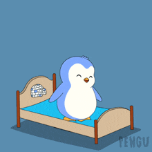 a cartoon of a penguin jumping over a bed with the word pengu on the bottom