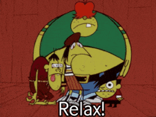 a group of cartoon characters are laying on the floor and the words relax are above them