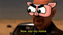 a man with a pig mask on his face says now say my name