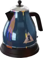 a blue kettle with a triangle on it that says ' blackburn island '