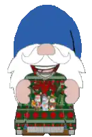 a pixel art of a gnome wearing a christmas sweater and a blue hat