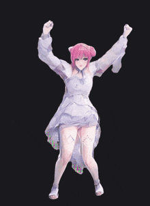 a girl with pink hair is wearing a white dress and white shoes