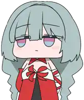 a cartoon drawing of a girl with grey hair and a red dress