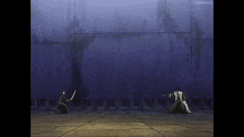 two samurai are fighting each other in a dark room with a wall behind them