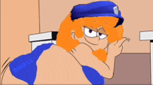 a cartoon character with orange hair is wearing a blue hat and blue bikini bottoms