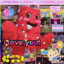 a computer screen says i love you with a red monster