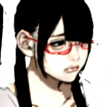 a girl with black hair and red glasses is looking at the camera .