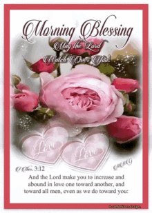 a card that says morning blessing with a pink rose