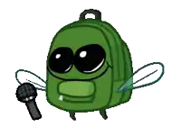 a green backpack with wings is holding a microphone .