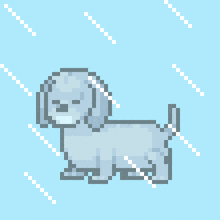 a pixel art drawing of a dog on a light blue background