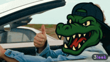 a man is giving a thumbs up in a car with a cartoon crocodile head