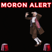a man in a costume is dancing in front of a black background that says moron alert