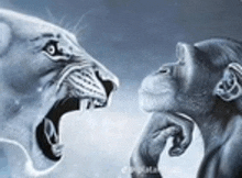 a lion and a chimpanzee are standing next to each other with their mouths open .