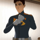 a man in a superhero costume is putting on his gloves in front of a window .