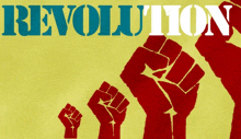 the word revolution is on a yellow background with a red fist