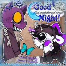 a good night greeting card with a purple cat and a unicorn
