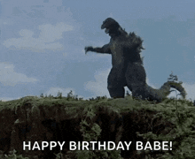 a godzilla is standing on top of a cliff and says `` happy birthday babe '' .