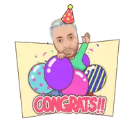 a man wearing a party hat is surrounded by balloons and the words congrats on the bottom