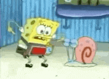 spongebob and gary from spongebob squarepants are dancing in a room .