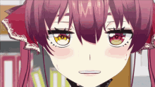 a close up of a anime girl 's face with red hair