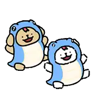 two cartoon bears wearing blue frog costumes are standing next to each other .