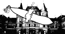 a black and white drawing of a castle with a bird flying in the foreground