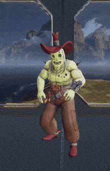 a cartoon character wearing a cowboy hat is standing in front of a window