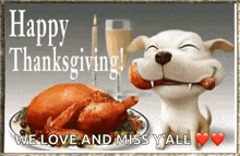 a happy thanksgiving greeting card with a dog holding a piece of meat in its mouth