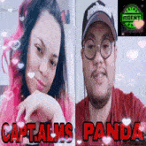 a woman with pink hair and a man with glasses and the words capitalms panda