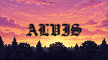 a sunset with trees in the foreground and the word ambis written in black