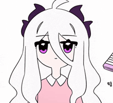 a drawing of a girl with long white hair has purple eyes