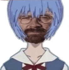 a man with a beard and blue hair is wearing glasses and a sailor uniform .