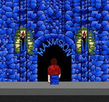a pixel art illustration of a man standing in front of a blue stone wall .