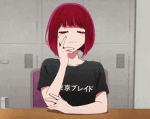 a girl with red hair is wearing a black shirt that says " tokyo blade " on it