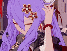 a girl with purple hair has flowers on her hair