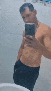 a shirtless man is taking a selfie in a bathroom with his cell phone .