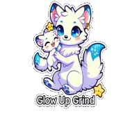 a sticker of a white fox holding a smaller fox with the words " glow up grind " below it