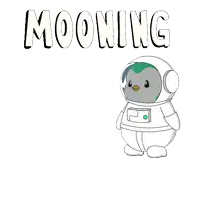 a drawing of a penguin in a space suit with the word mooning written above it