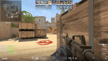 a screenshot of a video game with a person holding a gun and a scoreboard