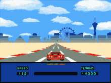 a video game shows a red car driving down a road with a ferris wheel in the distance