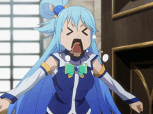 a girl with blue hair and a bow tie is making a funny face
