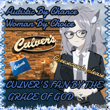 a picture of a woman standing in front of culver 's chicken nuggets