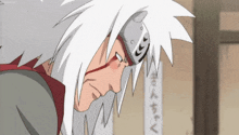 a cartoon character with white hair and a bandana on his head with chinese writing on it
