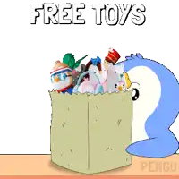 a penguin is standing next to a bag full of toys that says free toys