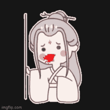 a cartoon of a woman holding a stick with a red circle on her forehead .