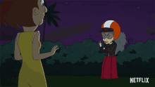 a cartoon of a woman in a yellow dress standing next to a witch with netflix written on the bottom