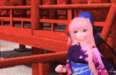 a girl with pink hair is standing next to a boy with blue hair