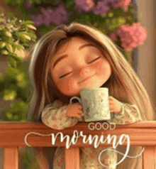a little girl is sitting on a balcony holding a cup of coffee and smiling .