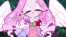 a cartoon drawing of a girl with wings and a gameboy